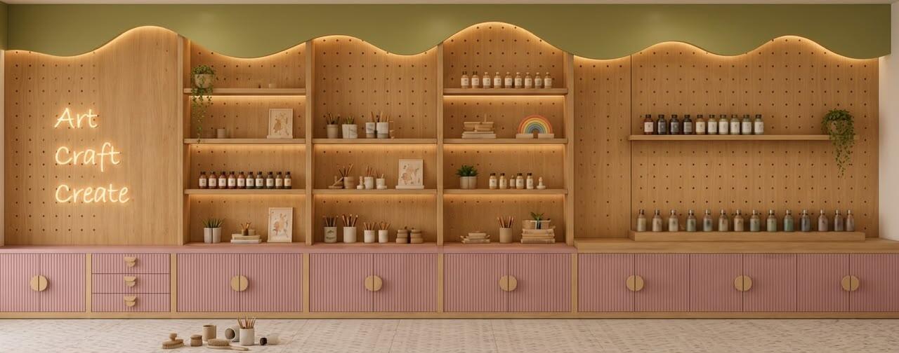 Art, Craft, Create neon sign and shelves of paints and craft supplies in the Luciole atelier