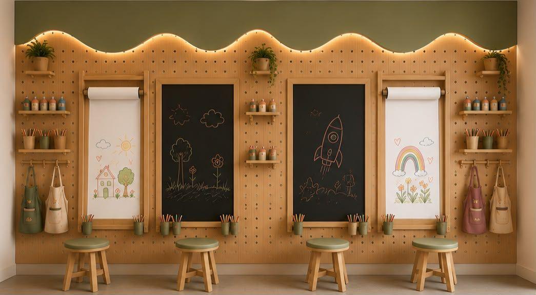 Luciole's drawing wall with chalkboards, paper rolls, aprons and kid-sized stools