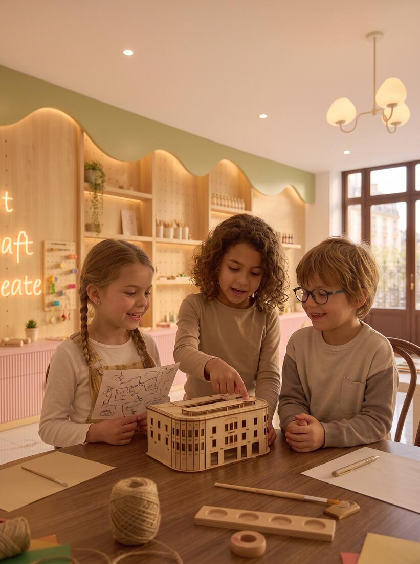 Kids crafting a wooden model of the Chiha Building during an atelier at Luciole