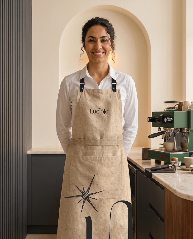 Smiling Luciole barista wearing the branded linen apron