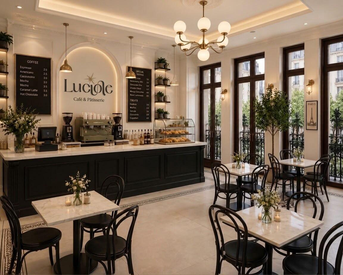 Interior of Luciole Café & Pâtisserie with marble tables, bentwood chairs and brass chandelier