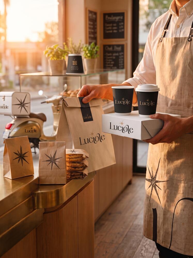 Luciole takeaway coffee cups, kraft bags and delivery scooter