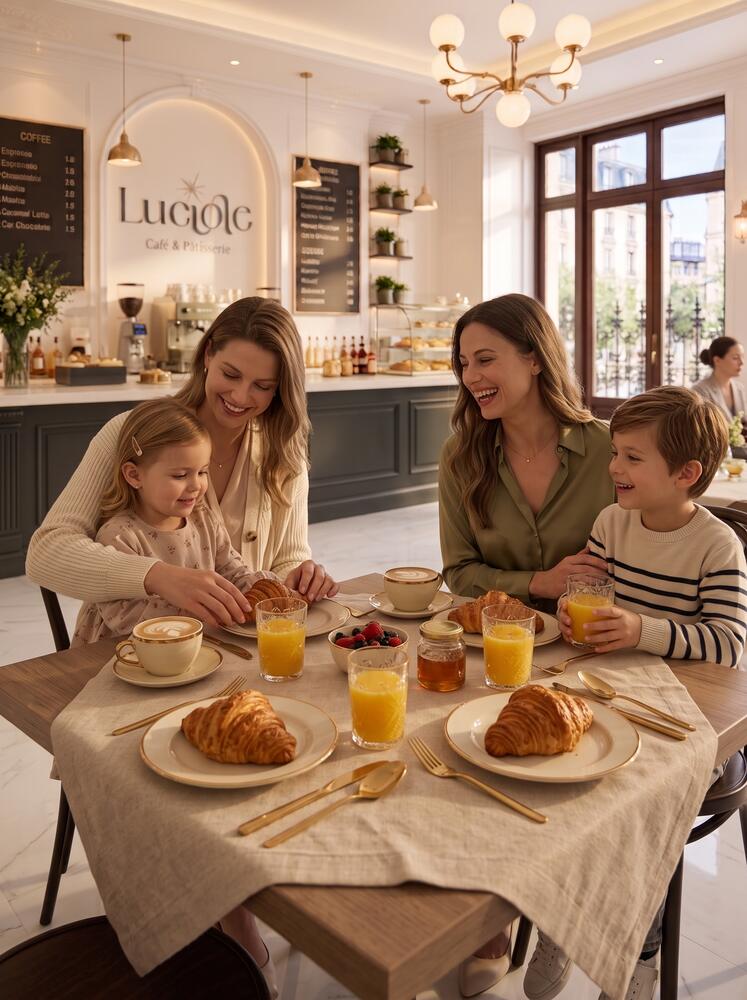 Two moms and their children sharing croissants and fresh orange juice at Luciole café